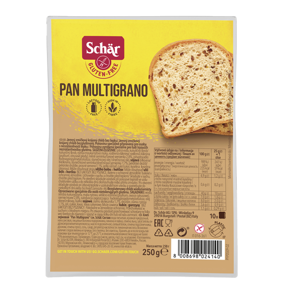 SCHÄR - chléb Pan Multigrano - bílý se zrníčky, bez lepku, 250g (ct 8)
