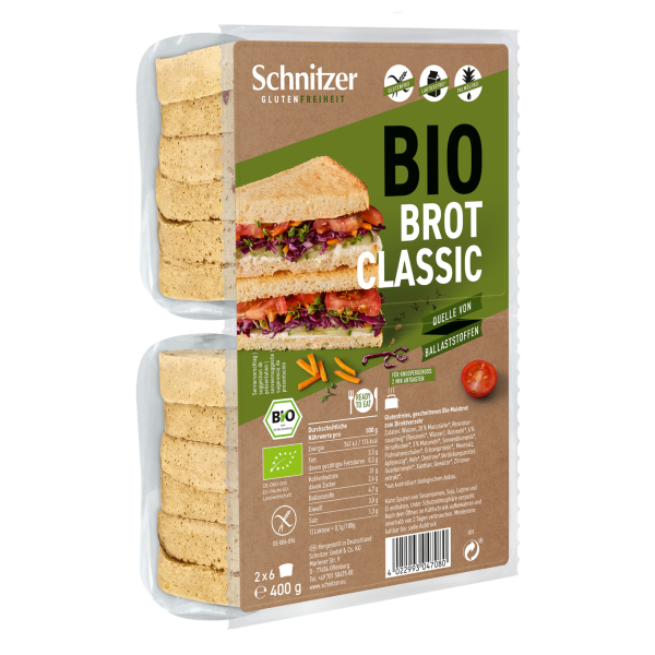 Schnitzer - Toastbrot, klassisch (2x Brot Classic) glutenfrei 400g BIO (4 Stk.)