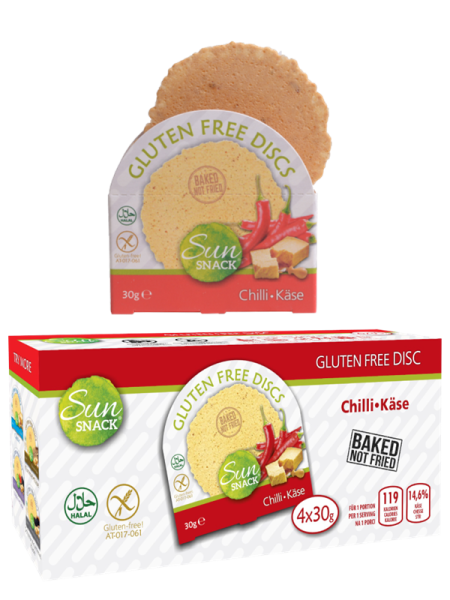 SunSnack - Cheesy discs CHILLI, cheese wafer with chilli, gluten free, (4x30g) 120g (ct12)